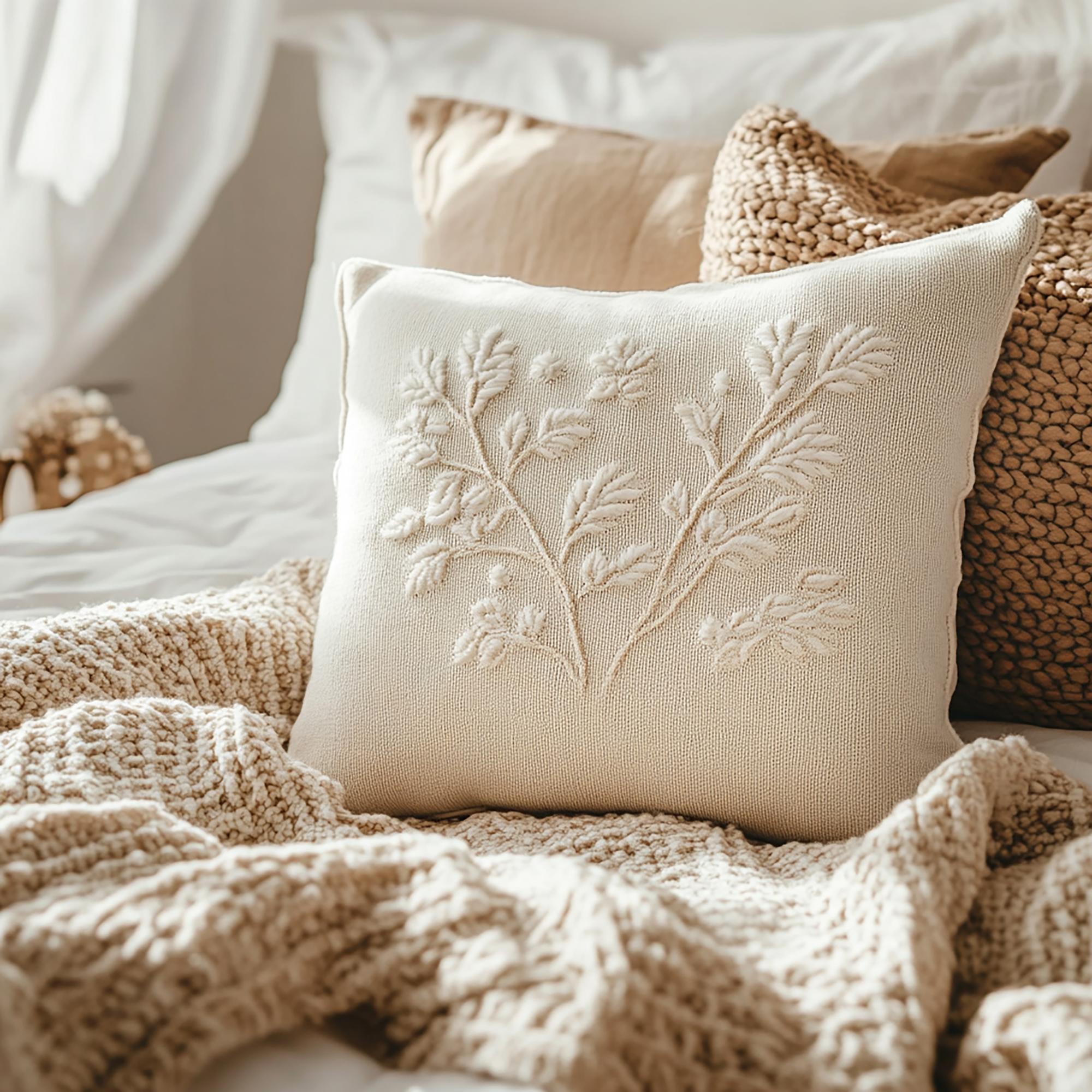 Embroidered linen pillow in neutral tones