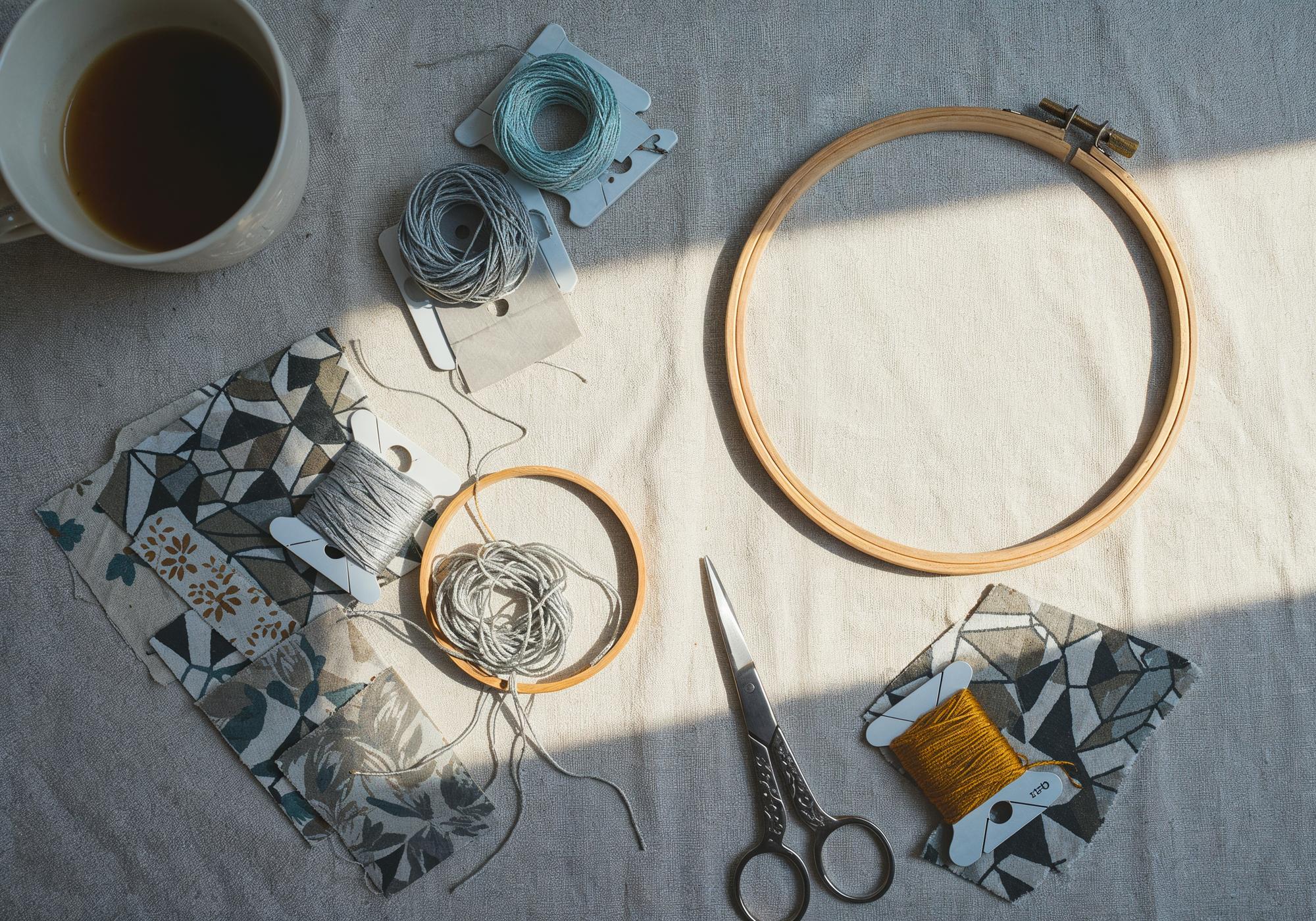 Workshop scene with hoop and threads